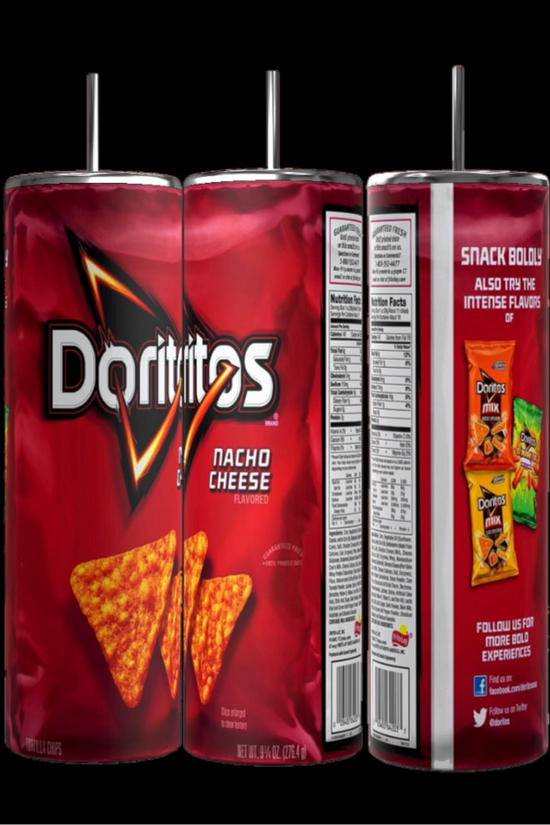 A Doritos Collection stainless steel skinny tumbler, with a sleek 20 oz capacity, sits against a backdrop of Doritos juice pouch costumes that mimic the iconic chip bags of popular flavors: Nacho Cheese and Cool Ranch. The text 