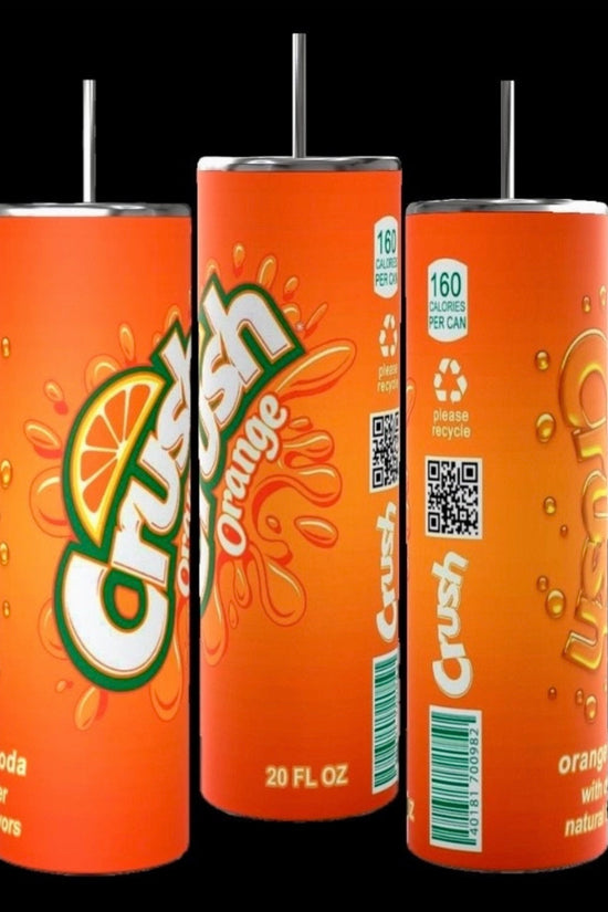 Three 20 fl oz cans of Crush Orange soda are shown against a gray background. The cans are bright orange with the Crush logo and an image of an orange slice. They also display nutritional information stating 160 calories per can, perfect for filling your Kreative Kreationz Crush Orange Soda 20oz Skinny Tumbler with its spill-proof lid.