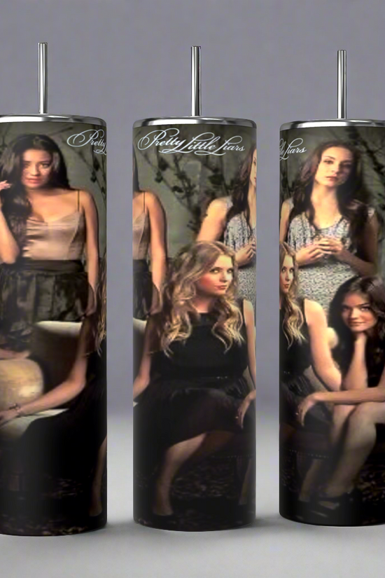 The Pretty Little Liars 20oz Tumblers by Kreative Kreationz feature a trio of tall, cylindrical tumblers adorned with a collage of four women in various poses and the 