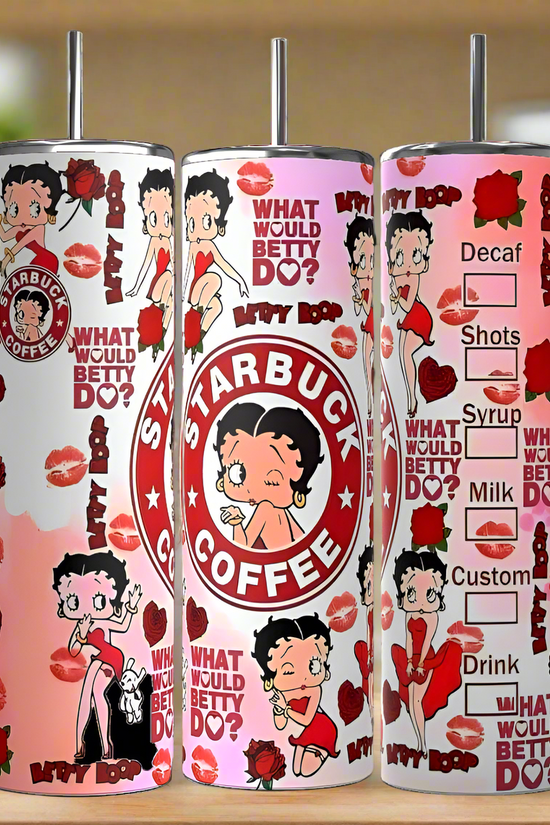 The Betty B Starbucks 20oz Skinny Tumbler by Kreative Kreationz is eco-friendly, reusable, and features fun cartoon Betty Boop designs with red kisses, roses, a playful coffee checklist, and a Starbucks-inspired logo on a white-to-pink gradient.