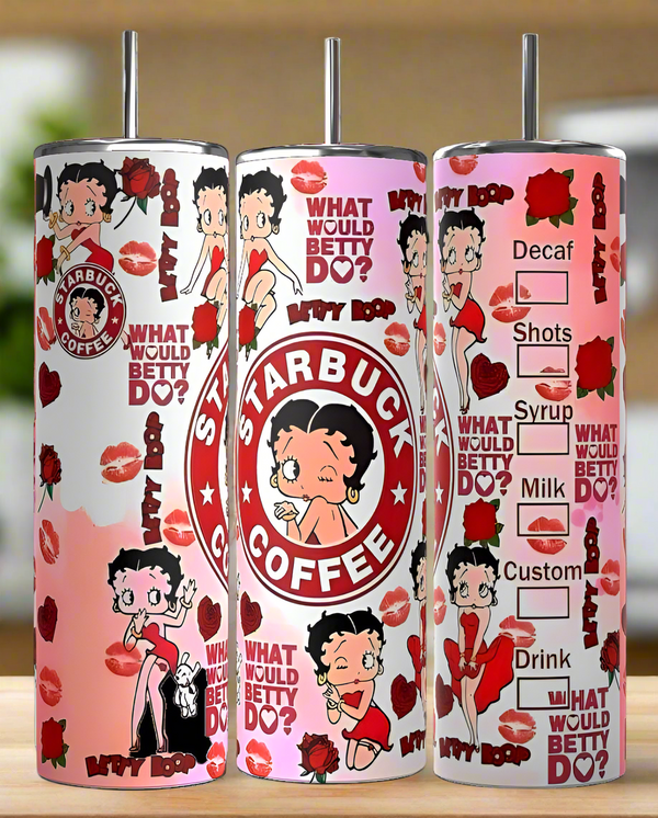 The Betty B Starbucks 20oz Skinny Tumbler by Kreative Kreationz is eco-friendly, reusable, and features fun cartoon Betty Boop designs with red kisses, roses, a playful coffee checklist, and a Starbucks-inspired logo on a white-to-pink gradient.