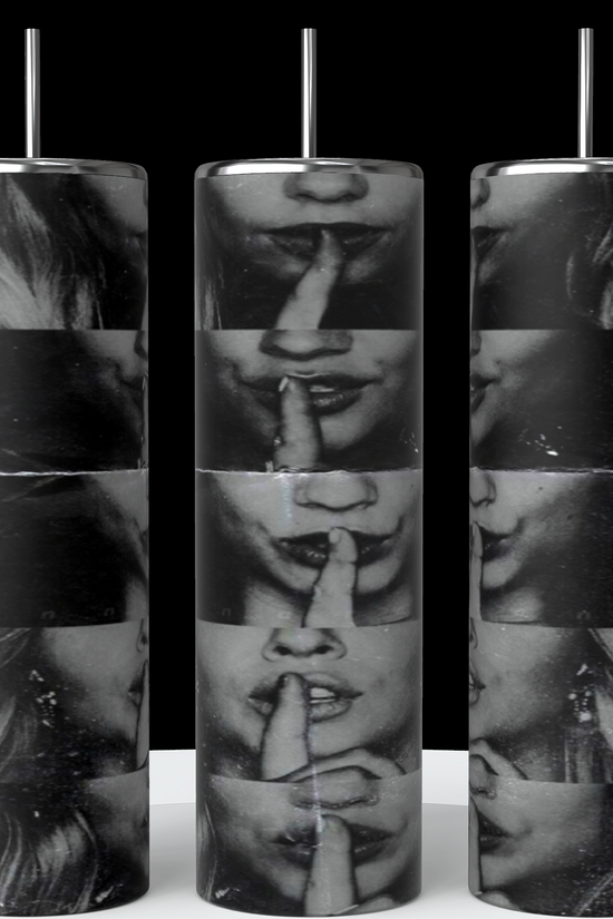 Three cylinders on a pedestal with a black background, showing all sides of 20 ounce Tumbler, the title pretty little liars cast with four females, the title pretty little liars down the side of the cylinder in text the pretty little liars cast with their fingers to their lips in a shh motion 