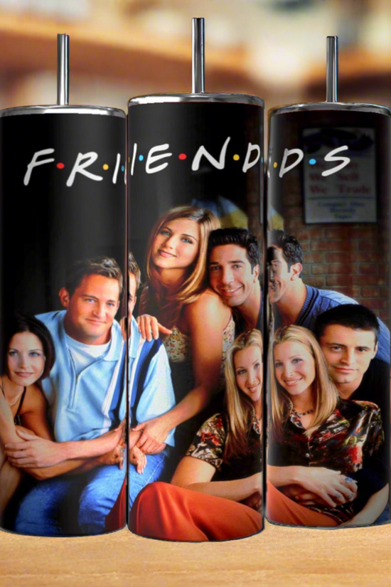 Three tall, stainless steel Friends Tv Show 20oz Tumblers-Group from Kreative Kreationz are displayed side by side. Each tumbler, featuring double-wall insulation, showcases images of the cast from the iconic 90s sitcom against a blurred background. The center tumbler has 