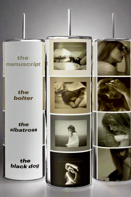 Three cylindrical stands display various monochromatic photographs of women in thoughtful and pensive poses. The left stand showcases titles 