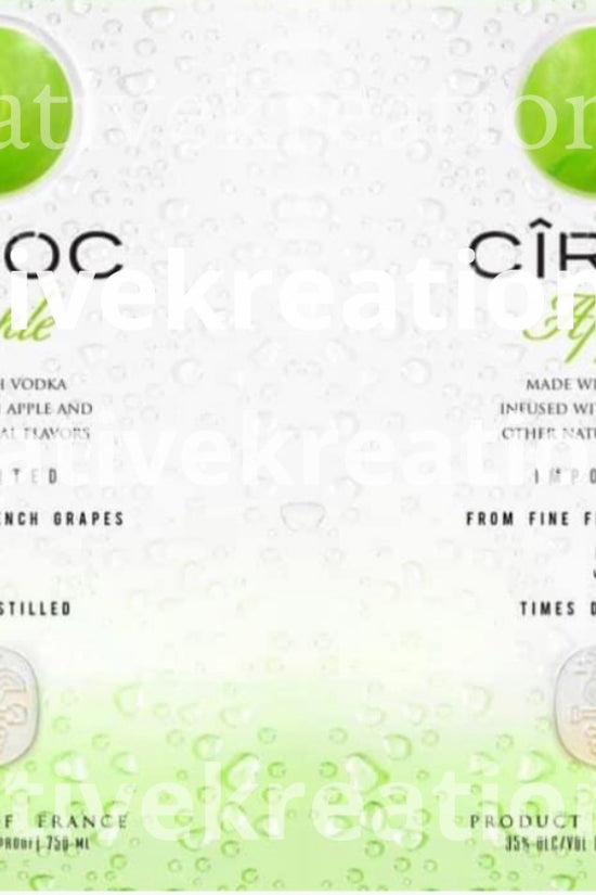 Under the brand Kreative Kreationz, the Ciroc Tropical Template 4 pack includes SVG, DTF transfer, and PNG files ideal for tumbler wrap designs. Among them are two digital renderings of CÎROC vodka bottles with an apple flavor theme, featuring a vivid green apple graphic. The design emphasizes that the vodka is crafted from fine French grapes and distilled five times, complemented by water droplets to enhance its fresh appeal.