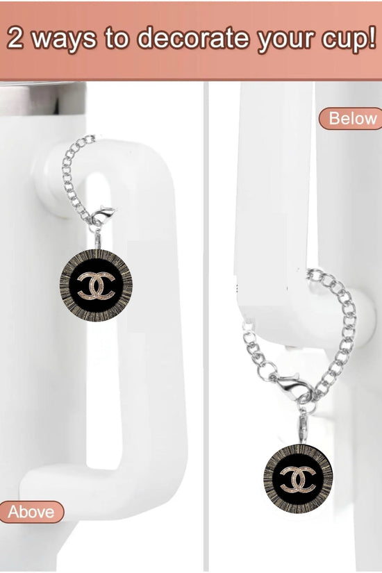 The Chanel Charm Dangle by Kreative Kreationz is a black and gold tumbler charm with unique designs that attaches to your cup handle. Decorate two ways: let it hang above or below the handle. 