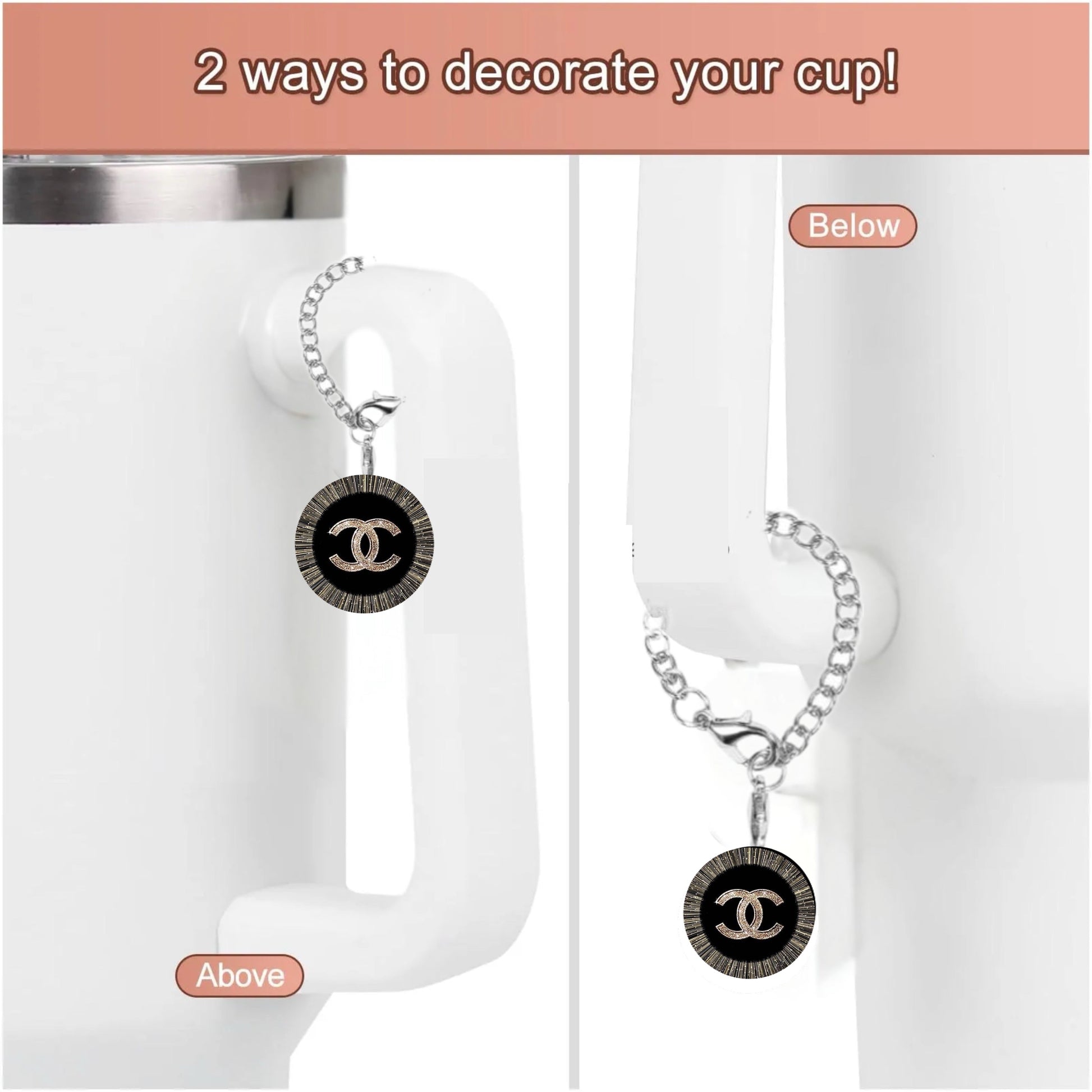 The Chanel Charm Dangle by Kreative Kreationz is a black and gold tumbler charm with unique designs that attaches to your cup handle. Decorate two ways: let it hang above or below the handle. "2 ways to decorate your cup!.