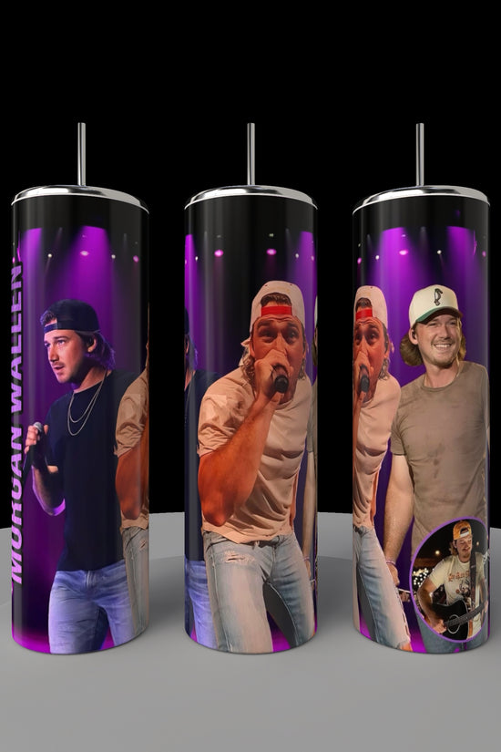 The Morgan Wallen 20oz Tumbler by Kreative Kreationz features a male singer under purple lights and 