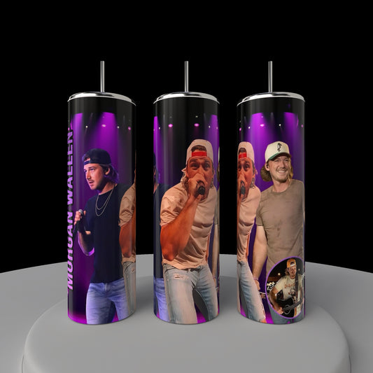 The Morgan Wallen 20oz Tumbler by Kreative Kreationz features a male singer under purple lights and "Morgan Wallen" text. This eco-friendly drinkware is perfect for fans and makes a great gift.