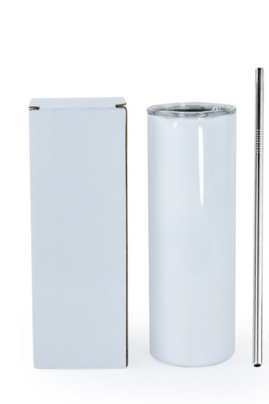 The Debut Taylor Swift 20oz Tumbler from Kreative Kreationz, featuring a spill-proof lid, is displayed with its matching white box and two straws (one metal, one clear plastic) against a plain white background. It keeps beverages hot or cold in style.