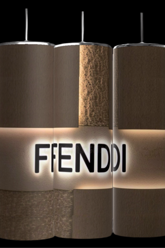 A group of cylindrical objects with text, including a FENDI 20oz Skinny Tumbler by Kreative Kreationz, featuring double-wall insulation for optimal temperature retention.