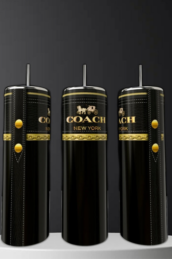 Three Coach 20oz Skinny Tumblers by Kreative Kreationz, sleek and black with gold accents and straws, display the 