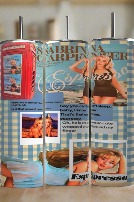 The Kreative Kreationz Expresso 20oz Stainless Steel Tumbler showcases a collage featuring a retro red telephone booth, a checkered background, and various images and text. Prominent visuals include a woman in a bikini, a portrait of another woman, and coffee motifs scattered throughout its design—all complemented by its spill-proof lid.