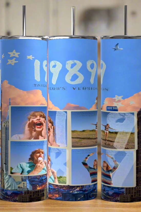 Kreative Kreationz’s Taylor Swift 1989 20oz Tumblers feature a blue sky, clouds, cityscapes, and “1989 Taylor’s Version” text with photos of Taylor—eco-friendly, stylish drinkware for fans.