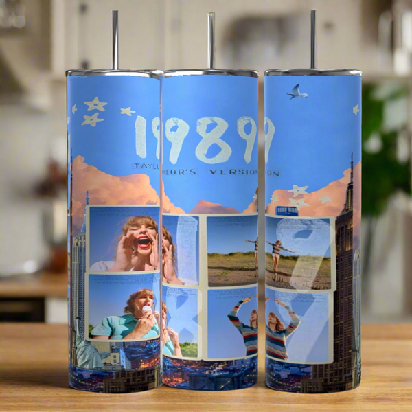 Kreative Kreationz’s Taylor Swift 1989 20oz Tumblers feature a blue sky, clouds, cityscapes, and “1989 Taylor’s Version” text with photos of Taylor—eco-friendly, stylish drinkware for fans.