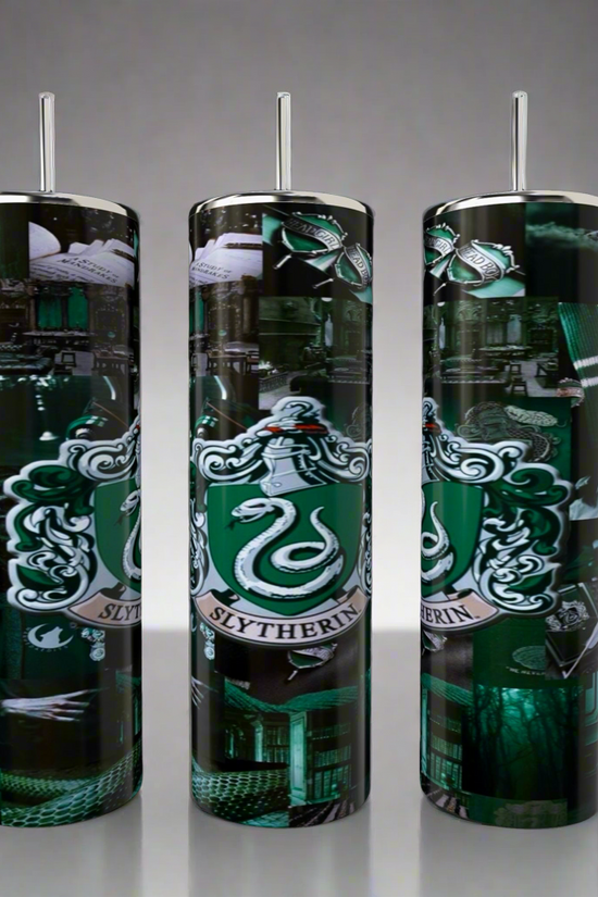 The Slytherin-Harry Potter Tumbler by Kreative Kreationz is a set of three tall, cylindrical stainless steel tumblers featuring a silver snake on a green background, adorned with magical-themed symbols and books. Each eco-friendly tumbler includes a silver lid and straw.
