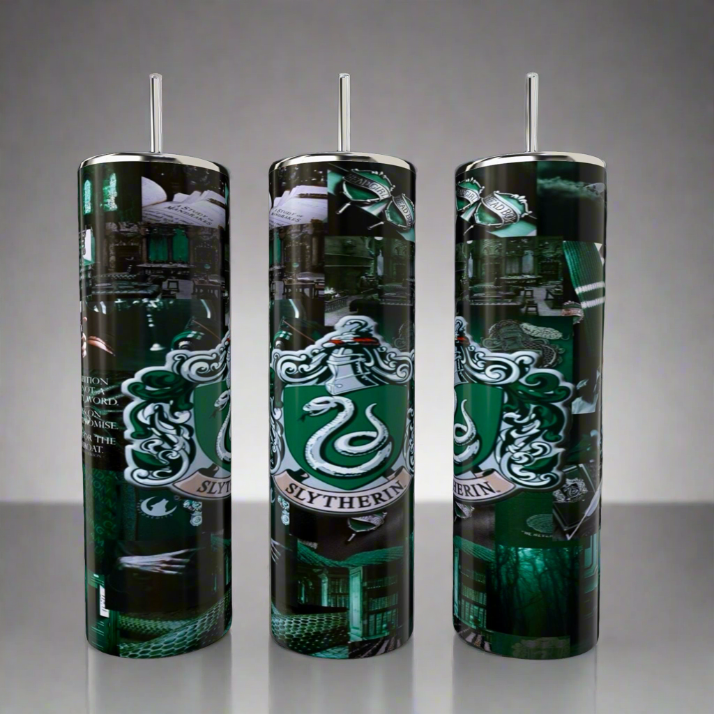 The Slytherin-Harry Potter Tumbler by Kreative Kreationz is a set of three tall, cylindrical stainless steel tumblers featuring a silver snake on a green background, adorned with magical-themed symbols and books. Each eco-friendly tumbler includes a silver lid and straw.