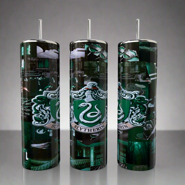 The Slytherin-Harry Potter Tumbler by Kreative Kreationz is a set of three tall, cylindrical stainless steel tumblers featuring a silver snake on a green background, adorned with magical-themed symbols and books. Each eco-friendly tumbler includes a silver lid and straw.