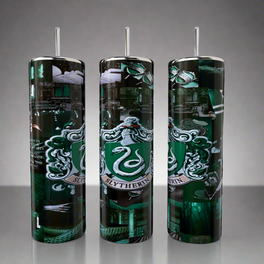 The Slytherin-Harry Potter Tumbler by Kreative Kreationz is a set of three tall, cylindrical stainless steel tumblers featuring a silver snake on a green background, adorned with magical-themed symbols and books. Each eco-friendly tumbler includes a silver lid and straw.