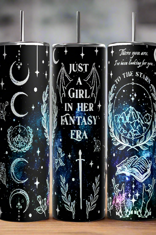 The collection from Kreative Kreationz includes three black 20 oz tumblers with celestial and mystical designs. The first tumbler sparkles with moons and stars, the second features the text 