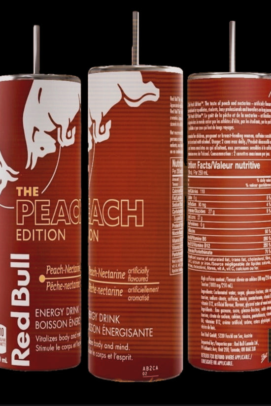A collection of Red Bull lovers 20oz Tumblers from Kreative Kreationz, each displaying a different Red Bull flavor and distinct vibrant color. Arranged from left to right: Winter Edition (blue), Orange Edition (orange), Beach Edition (peach), Coconut Edition (white), Summer Edition (green), Original (silver), Sugarfree (white and blue stripe), and Tropical (yellow). Perfect for carrying your favorite energy drink without worrying about spills.