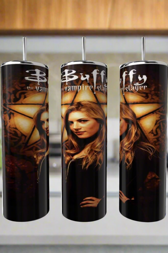 Kreative Kreationz's eco-friendly Buffy The Vampire Slayer 20oz tumblers feature a tall, narrow design with a stained glass effect highlighting a prominent woman, perfect for your kitchen against blurred counters and plants.