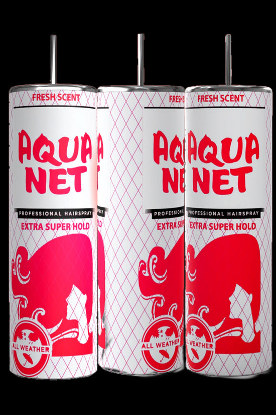 Three cylindrical cans of Aqua Net Professional Hairspray, Extra Super Hold, stand upright in a row like Aqua Net Double Sided 20oz Tumblers from Kreative Kreationz. The cans are white with red lettering and feature a graphic of a woman with stylized hair. The label mentions 