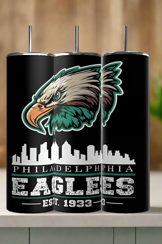 Three EAGLES - Football- 20oz Skinny Tumblers by Kreative Kreationz feature a bold Philadelphia Eagles logo, city skyline, and 
