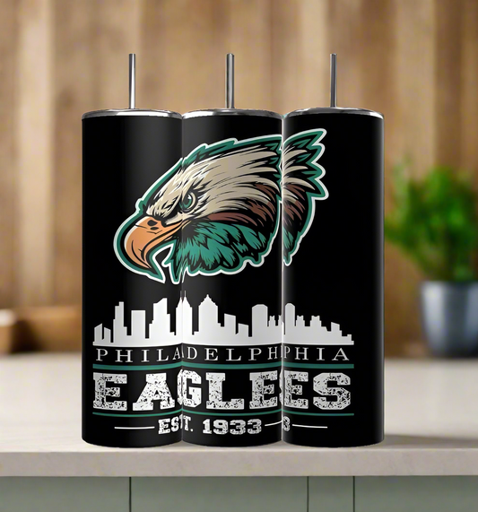 Three EAGLES - Football- 20oz Skinny Tumblers by Kreative Kreationz feature a bold Philadelphia Eagles logo, city skyline, and "Philadelphia Eagles Est. 1933"—perfect luxury drinkware for dedicated fans.
