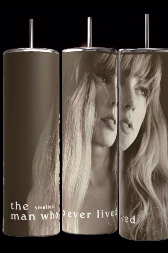 Three TTPD the smallest man 20oz Tumblers by Kreative Kreationz are shown side by side with a sepia-toned image of a woman's face spanning across them. The text on the tumblers reads 