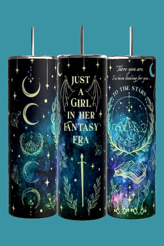 The trio of tall tumblers from Kreative Kreationz features a durable build and spill-proof lids, each adorned with a unique fantasy-themed design. One showcases celestial patterns with crescent moons, another carries the phrase 