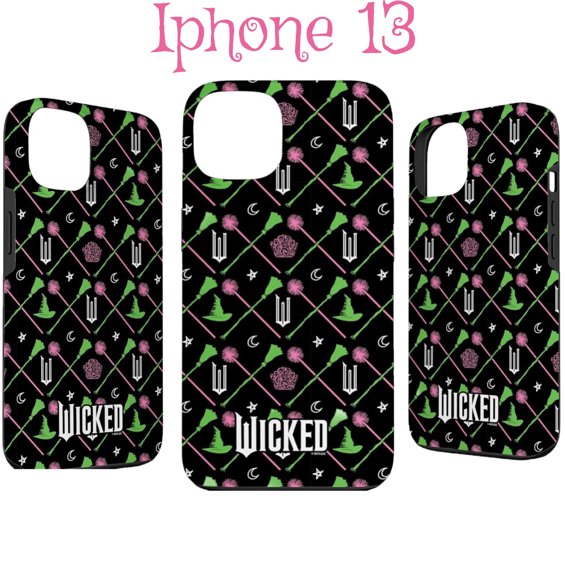 The Kreative Kreationz Wicked iPhone 11 case features a "Wicked" theme with scratch-resistant design. It displays pink flowers, green witch hats, and crescent moons against a black background, highlighted by the word "Wicked.