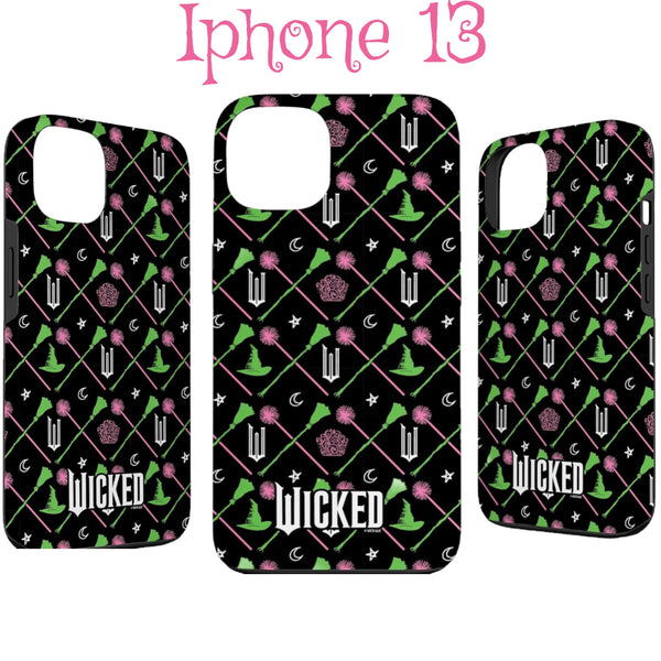 The Kreative Kreationz Wicked iPhone 11 case features a "Wicked" theme with scratch-resistant design. It displays pink flowers, green witch hats, and crescent moons against a black background, highlighted by the word "Wicked.