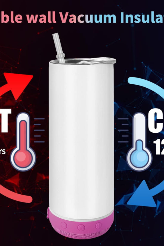 The Black Edition 20oz Tumbler by Kreative Kreationz offers a sturdy design with a white body and pink base. It includes a spill-proof lid and straw for mess-free convenience. Featuring double wall vacuum insulation, it keeps drinks hot for up to 6 hours and cold for up to 12 hours, as depicted by red and blue arrows with thermometers.