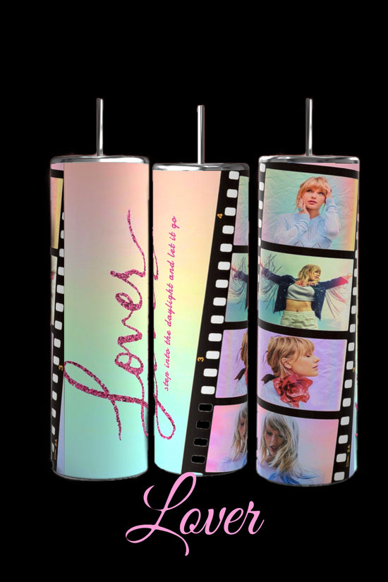 Image of seven cylindrical tumblers, each adorned with collage designs representing different Taylor Swift music albums. These Taylor Swift ERAS 20oz Tumblers by Kreative Kreationz are labeled 