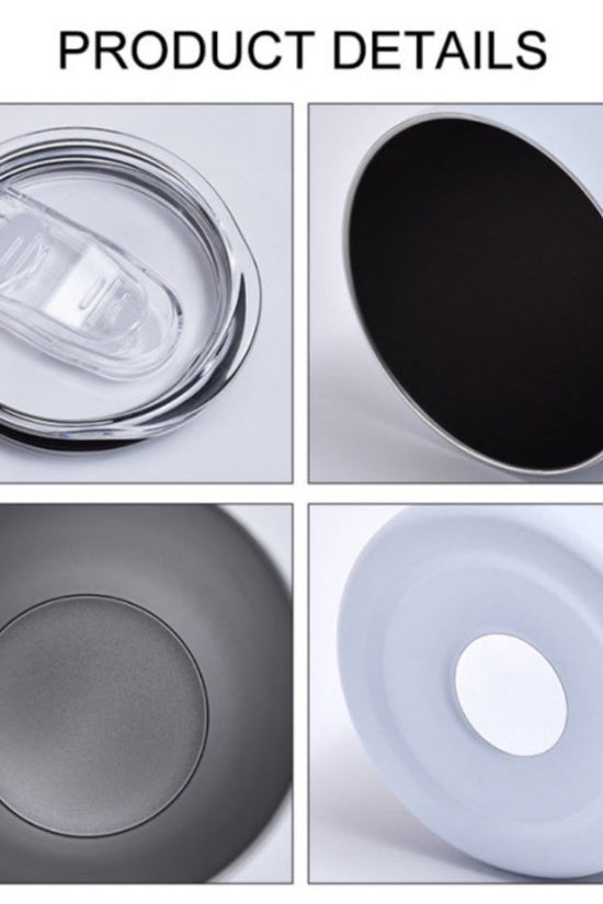 Four images showcase the Starbucks 20oz Tumbler by Kreative Kreationz: a clear lid with sliding cover, dark interior, lid base with sealing ring, and flat bottom with silicone pad. Ideal for use with a reusable straw.