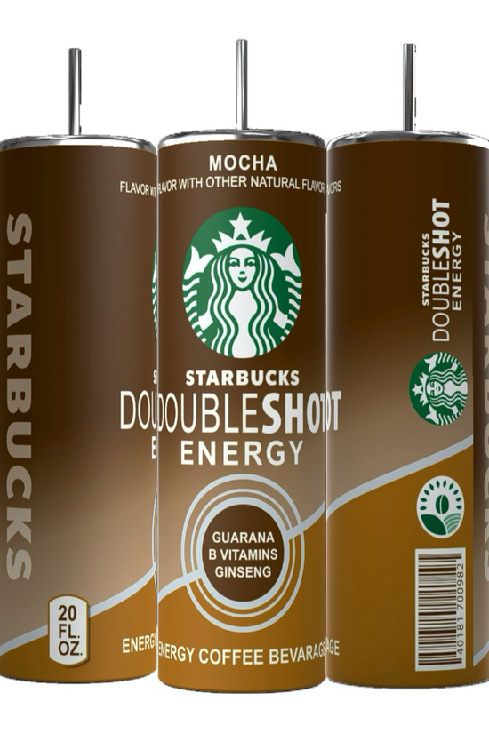 Featuring the iconic Starbucks logo, three cans of Starbucks Doubleshot Energy in Mocha flavor are designed with a brown aesthetic accented in white and green, similar to a 20oz Energy Shot Tumbler by Kreative Kreationz. Each 15 fl. oz. can highlights invigorating ingredients such as guarana, B vitamins, and ginseng for an energizing experience.
