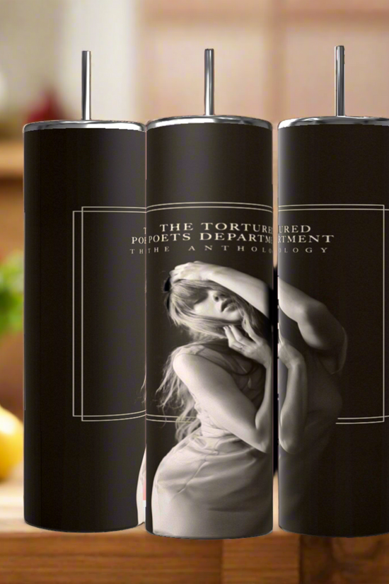 Three black stainless steel Kreative Kreationz Anthology TTPD 20oz tumblers with metal straws are lined up, each featuring a grayscale portrait of a woman and 