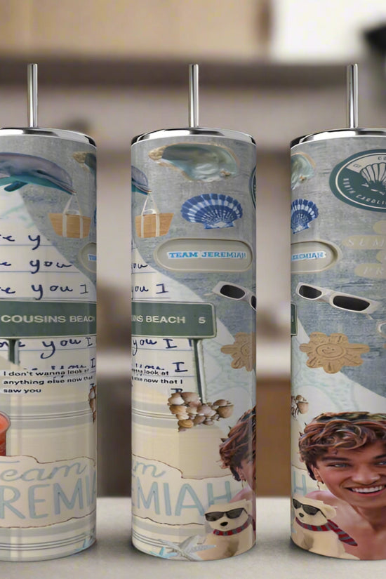 The Kreative Kreationz Team Jeremiah Collection 20oz Tumblers feature eco-friendly stainless steel, straws, and beach-themed designs with seashells, Cousins Beach vibes, sunglasses, dolphins, hearts, and 