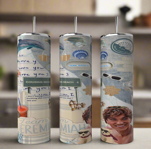 The Kreative Kreationz Team Jeremiah Collection 20oz Tumblers feature eco-friendly stainless steel, straws, and beach-themed designs with seashells, Cousins Beach vibes, sunglasses, dolphins, hearts, and "Team Jeremiah" text.