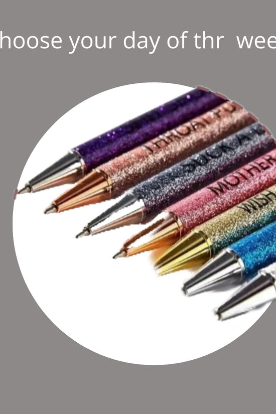 Six colorful Day Of The Week Pens by Kreative Kreationz, each labeled with a weekday, are arranged in a fan on a white background. Above them, text reads “Choose your day of thr week” with “the” misspelled.