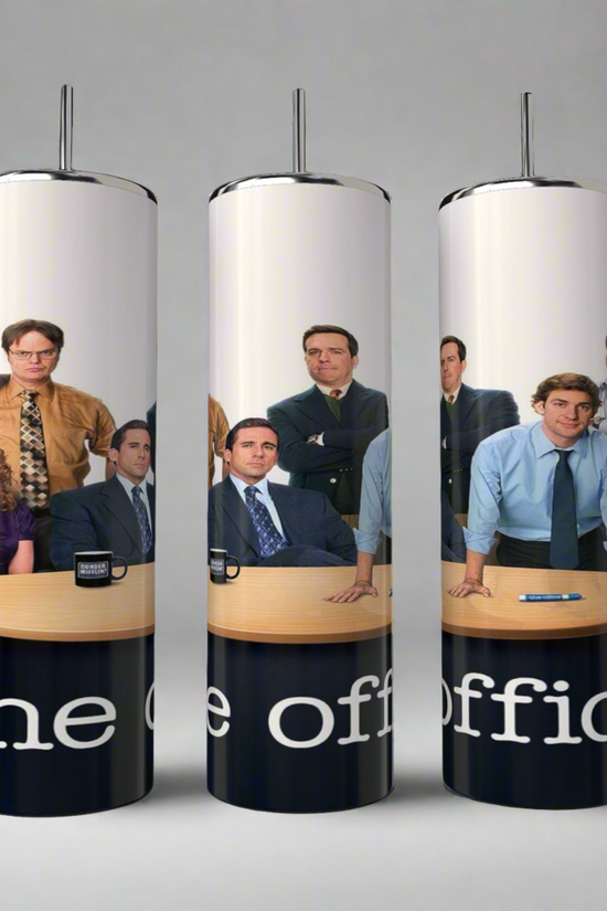 Three tall, cylindrical stainless steel tumblers from Kreative Kreationz showcase business professionals in office attire from a famous TV scene. Against a gray background, characters gaze at the camera—perfect for eco-friendly fans of 