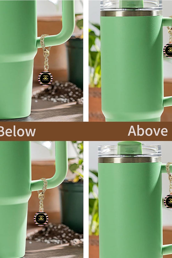 Four images show a Kreative Kreationz tumbler with a handle, featuring a Chanel Charm Dangle accessory. A round black and gold pendant is attached to the handle. 