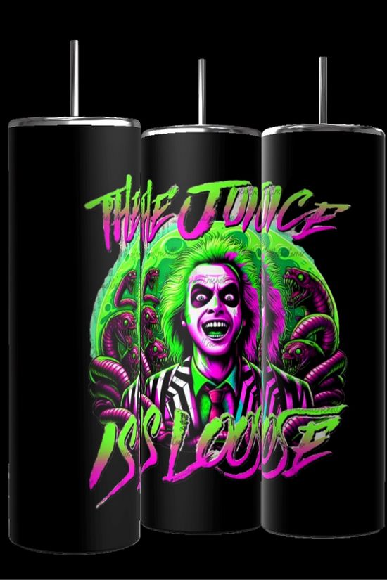 A set of three tall, cylindrical Kreative Kreationz Beetlejuice 20oz Tumblers is displayed. Each tumbler features a vibrant neon design of a grinning, green-haired figure in a striped suit with 