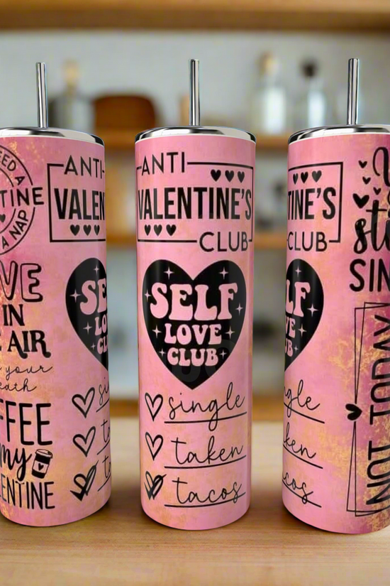 Three pink Kreative Kreationz Anti Valentines Day 20oz Tumblers with heart graphics feature phrases like 