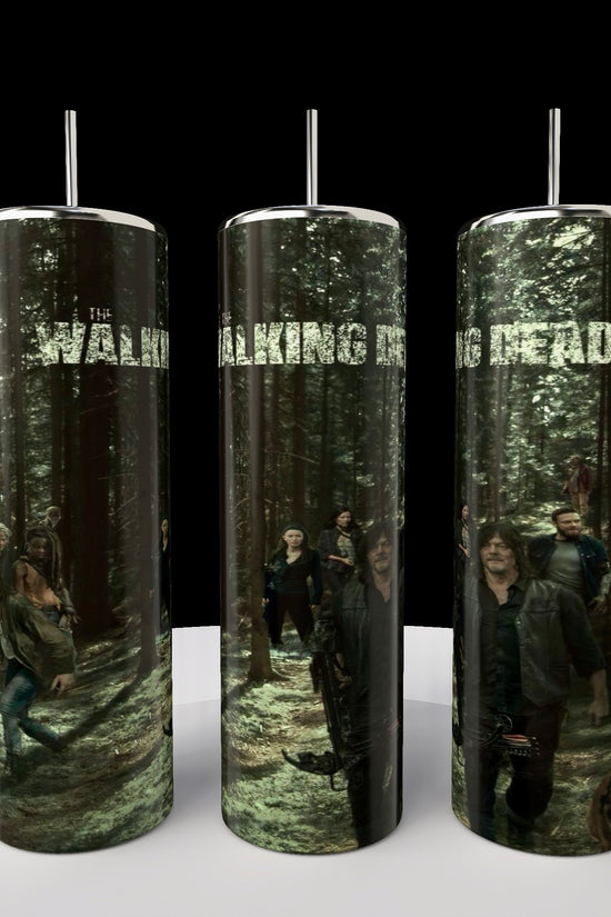 Kreative Kreationz offers a set of three 20oz stainless steel skinny tumblers featuring a forest scene and characters from The Walking Dead. Each tumbler displays part of the scene and the show's title on a dark background, creating an eco-friendly standout collection.