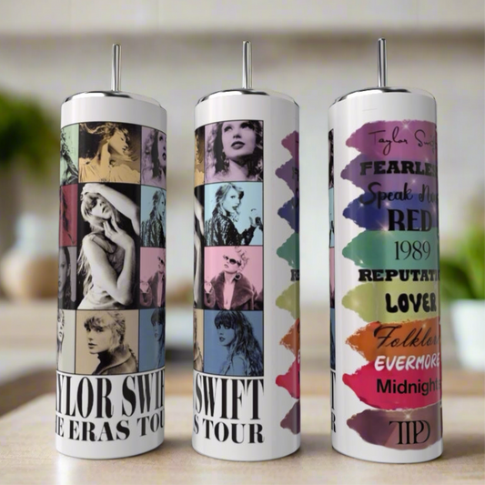 The Kreative Kreationz Eras Collage Taylor Swift 20oz Skinny Tumbler features black-and-white photos of Taylor Swift and colorful album titles, all set against a blurred indoor background.