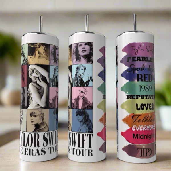 The Kreative Kreationz Eras Collage Taylor Swift 20oz Skinny Tumbler features black-and-white photos of Taylor Swift and colorful album titles, all set against a blurred indoor background.