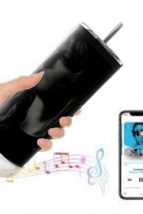 Three TTPD Bluetooth Tumblers by Kreative Kreationz, featuring a black cylindrical design with pink bases, are displayed. Each tumbler showcases a statue motif and the initials 