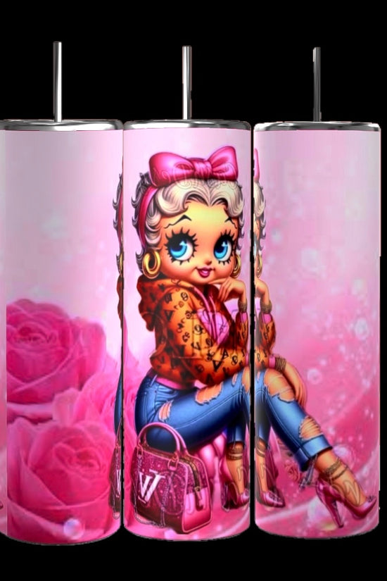 A set of three tall, pink Betty B Bougie 20oz Skinny Tumblers from Kreative Kreationz features the iconic character with big eyes, a pink bow, leopard print jacket, and ripped jeans. She sits beside roses and a designer bag on a sparkly pink background.